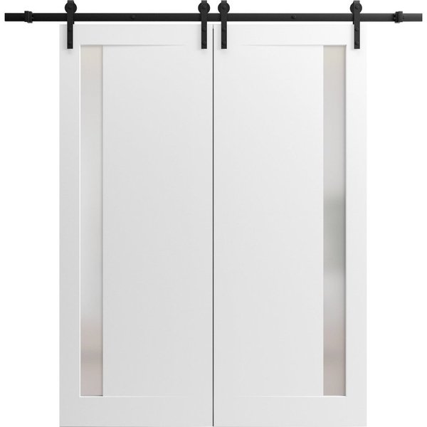 Sartodoors Sturdy Dbl Barn Door 64 x 84in W/, Painted White W/ Frosted Glass, 13FT Rail Hangers Heavy Set PLANUM0660DB-BEM-6484